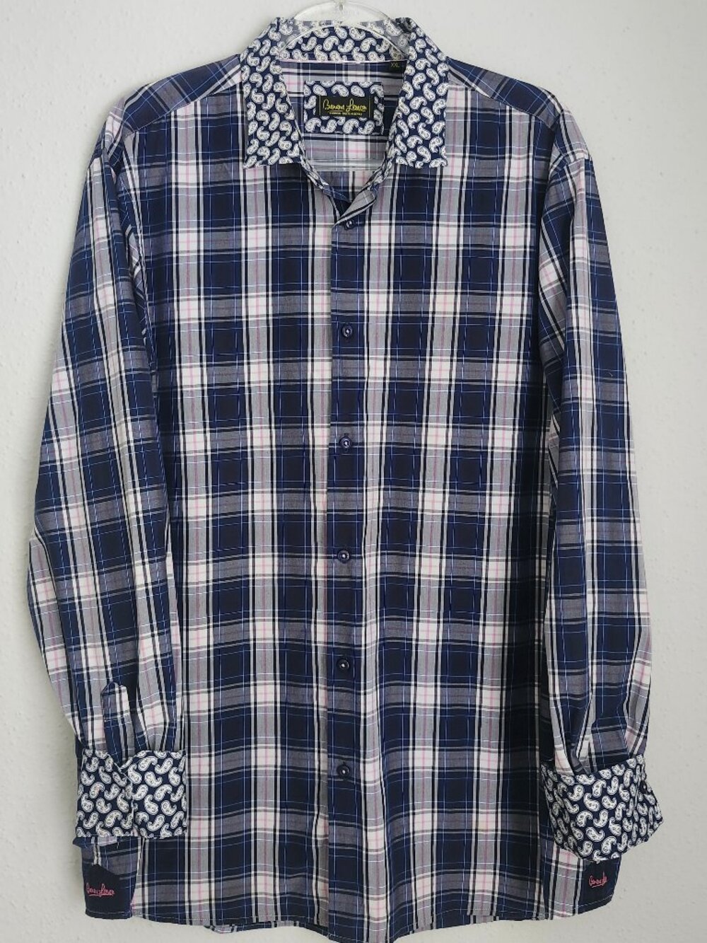 BANANA LEMON Navy Plaid Paisley Flip Cuff Button Down Dress Shirt XXL
